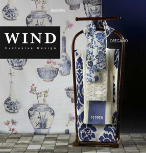 Fabric display with floral and geometric patterns.