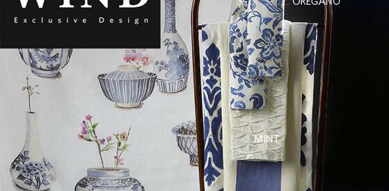 Fabric display with floral and geometric patterns.